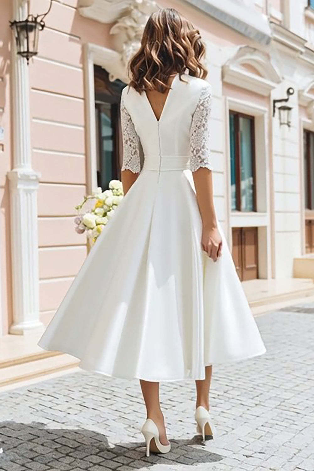 Ivory V-Neck A Line Midi Wedding Dress with Sleeves