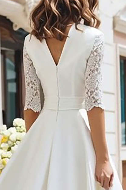 Ivory V-Neck A Line Midi Wedding Dress with Sleeves