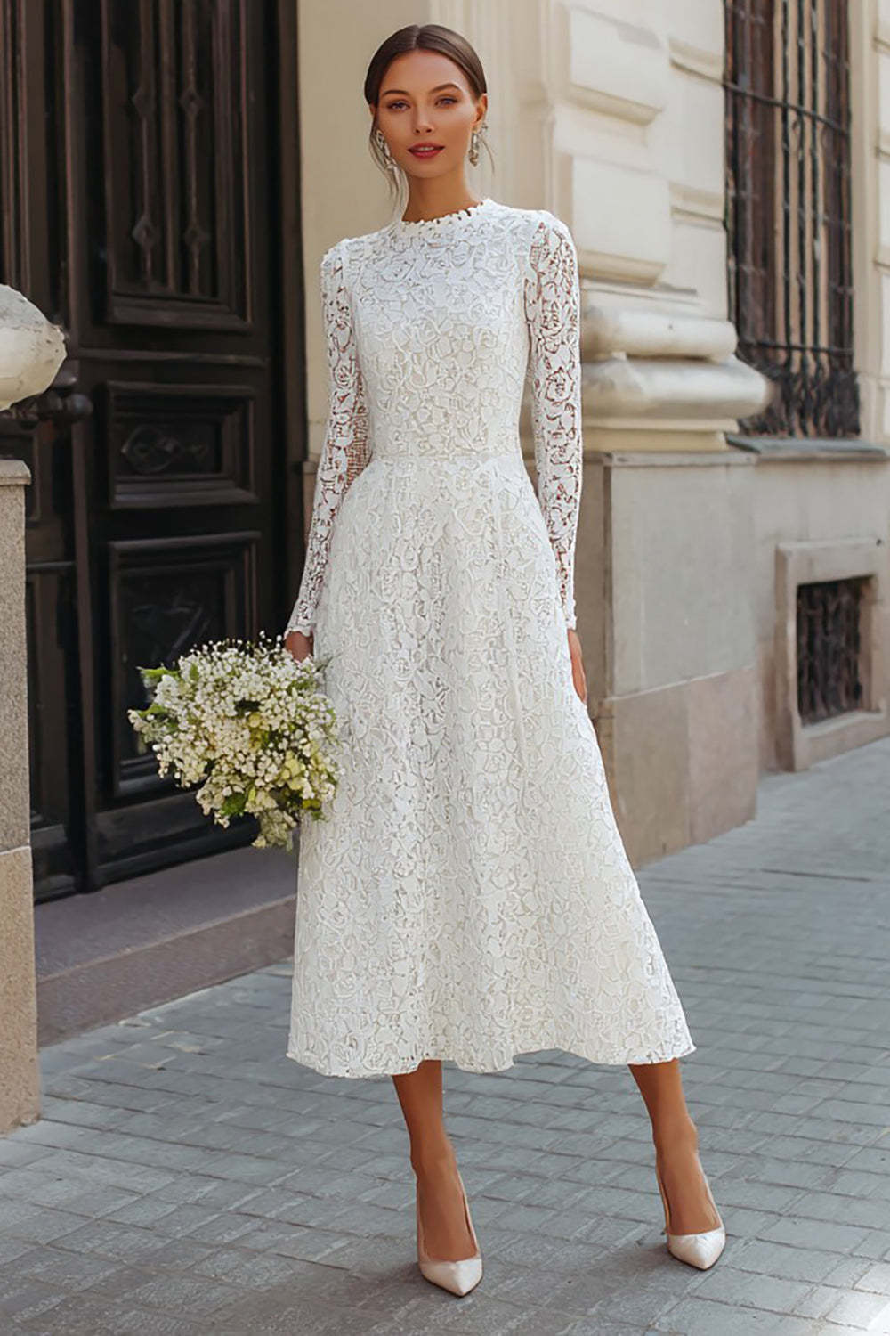 Leely Women Ivory Lace Maxi Wedding Dress with Sleeves A Line Round Neck Engagement Dress