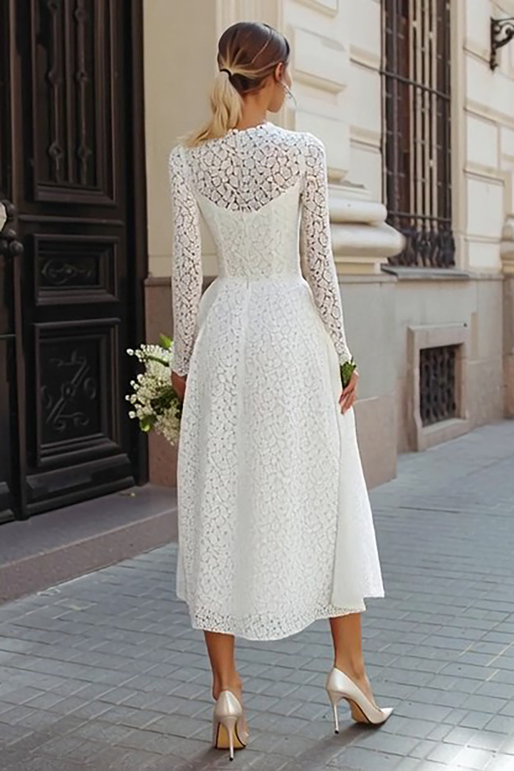Ivory A Line Lace Round Neck Maxi Boho Wedding Dress with Sleeves