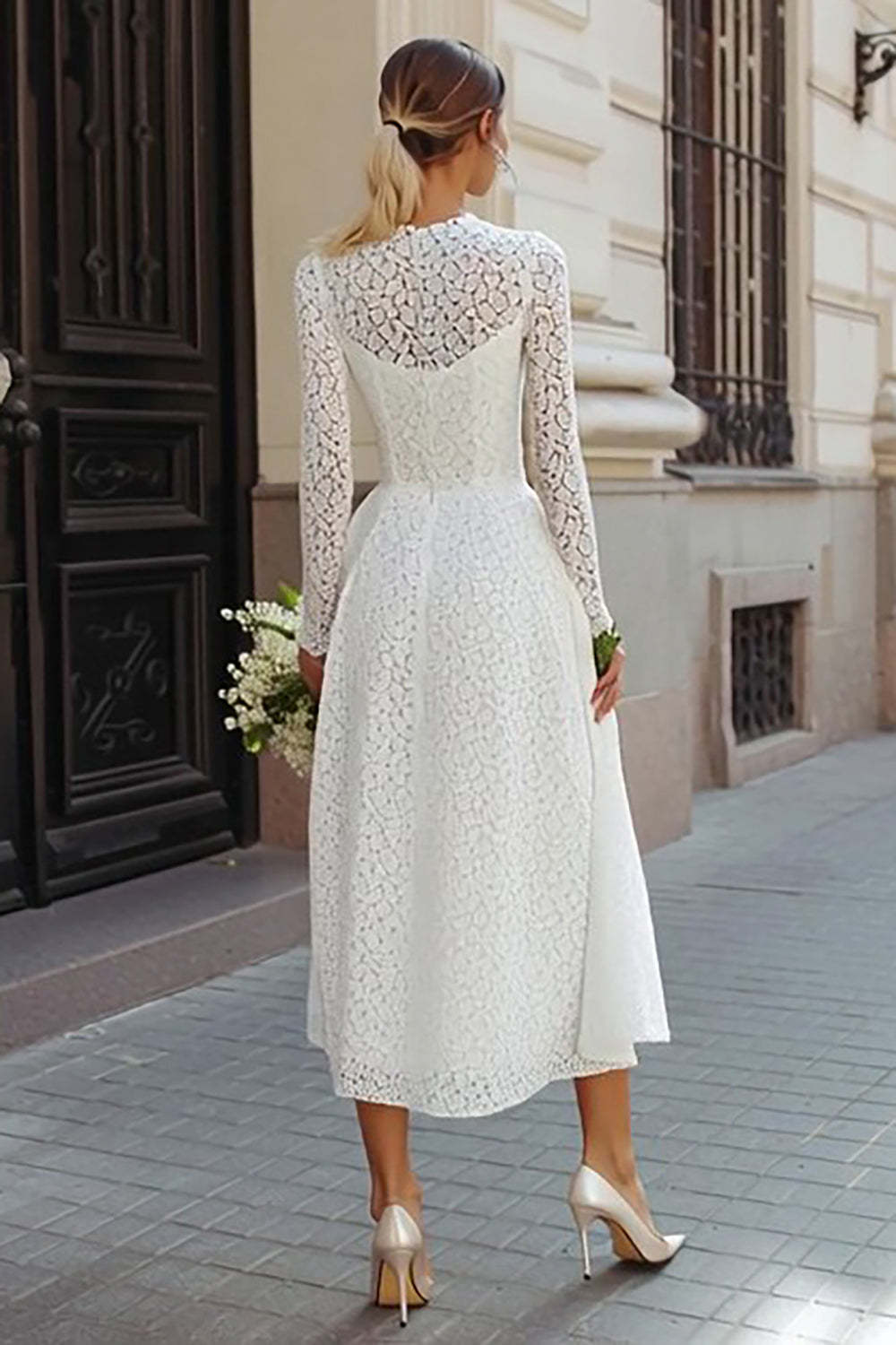 Ivory A Line Lace Round Neck Maxi Boho Wedding Dress with Sleeves