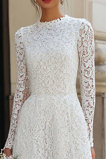 Ivory A Line Lace Round Neck Maxi Boho Wedding Dress with Sleeves