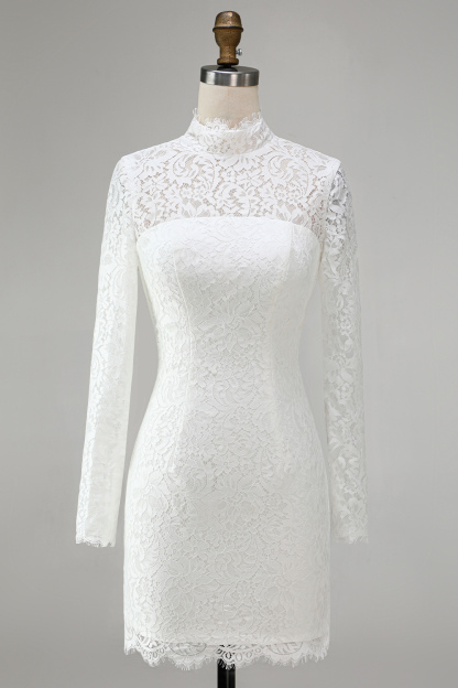Vintage Ivory High Neck Bodycon Lace Short Wedding Dress with Sleeves