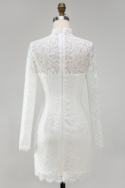 Vintage Ivory High Neck Bodycon Lace Short Wedding Dress with Sleeves