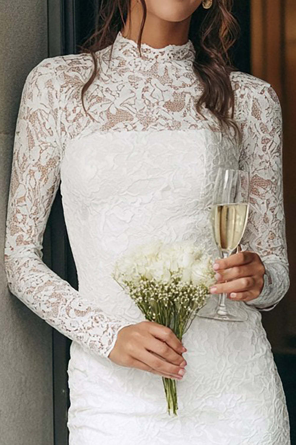 Vintage Ivory High Neck Bodycon Lace Short Wedding Dress with Sleeves