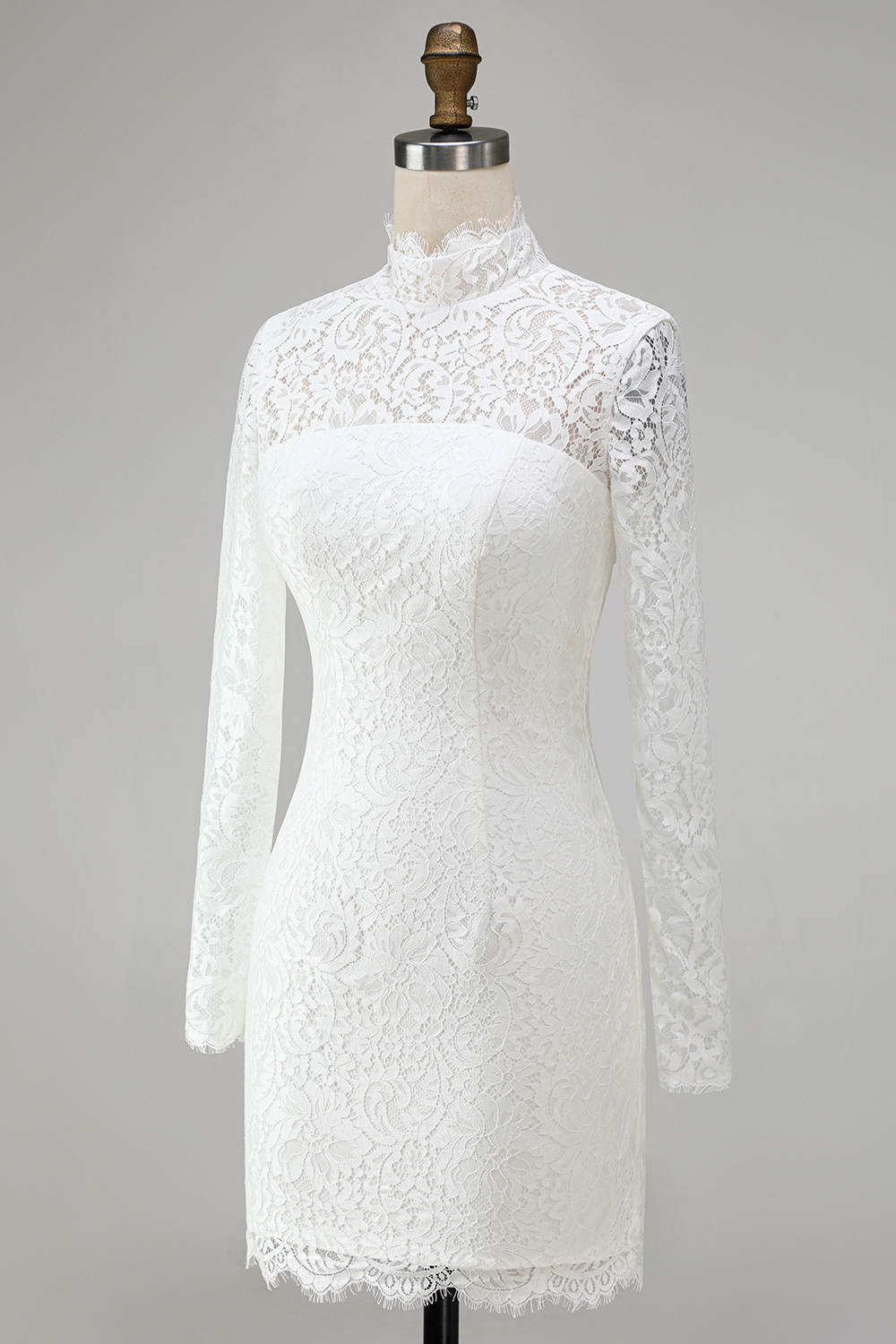 Vintage Ivory High Neck Bodycon Lace Short Wedding Dress with Sleeves