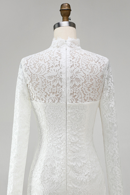 Vintage Ivory High Neck Bodycon Lace Short Wedding Dress with Sleeves