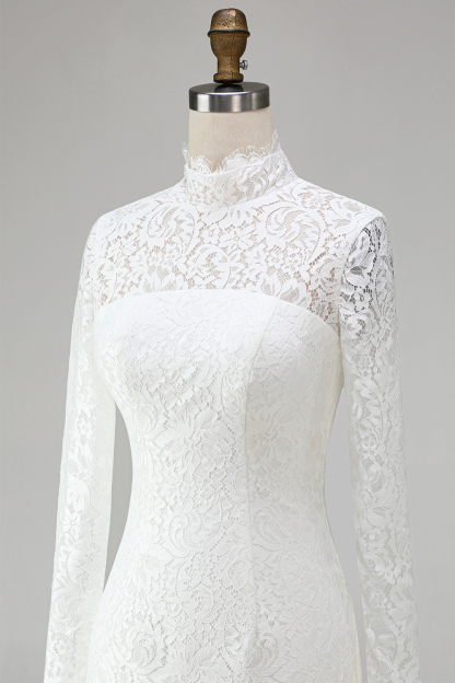 Vintage Ivory High Neck Bodycon Lace Short Wedding Dress with Sleeves