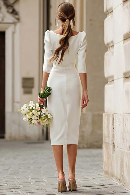 Leely Women Simple Ivory Bodycon Midi Courthouse Wedding Dress with Sleeves Square Neck Rehearsal Dinner Dress with Slit