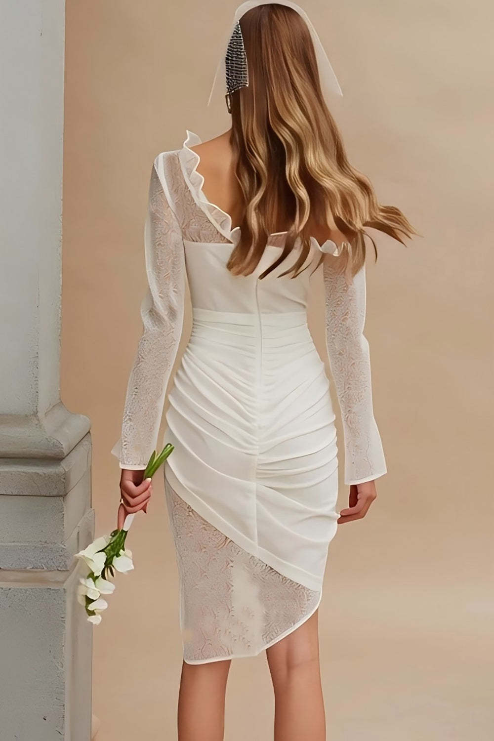 Ivory Ruched Bodycon Asymmetrical Wedding Dress with Sleeves