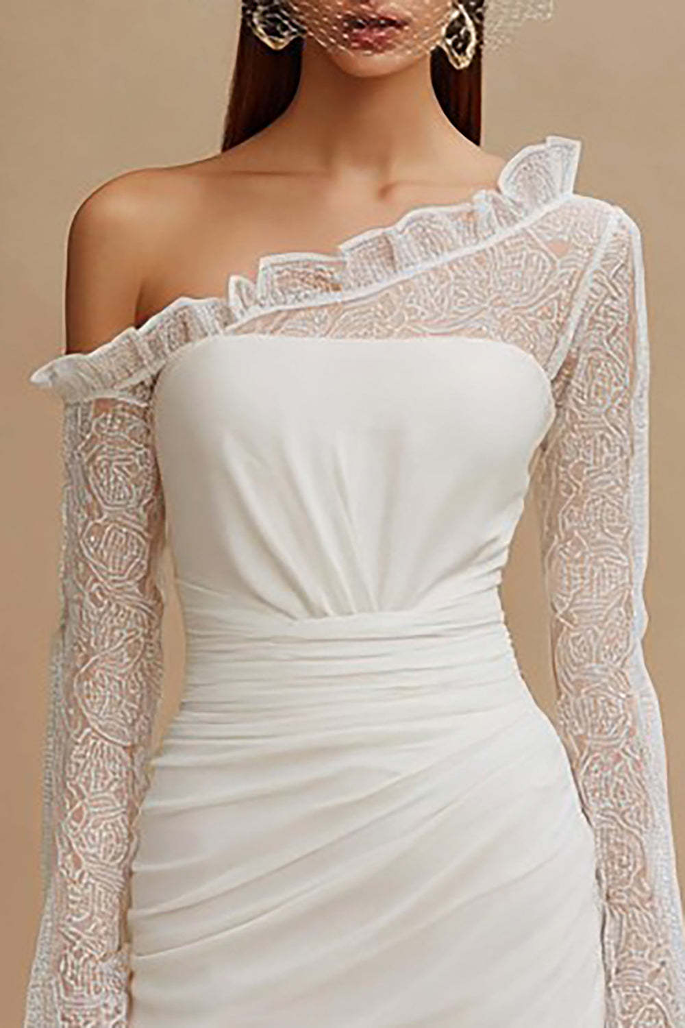 Ivory Ruched Bodycon Asymmetrical Wedding Dress with Sleeves