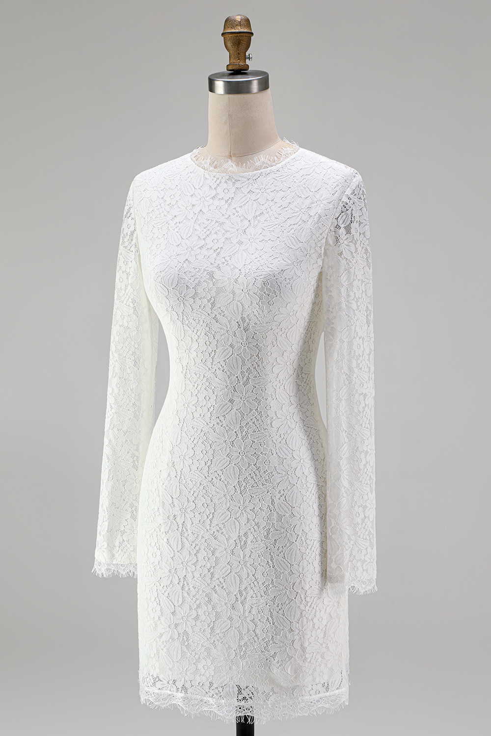 Vintage Ivory High Neck Lace Bodycon Short Boho Wedding Dress with Sleeves