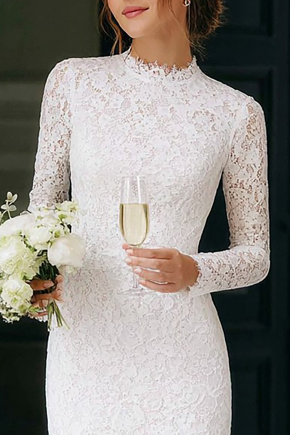 Vintage Ivory High Neck Lace Bodycon Short Boho Wedding Dress with Sleeves
