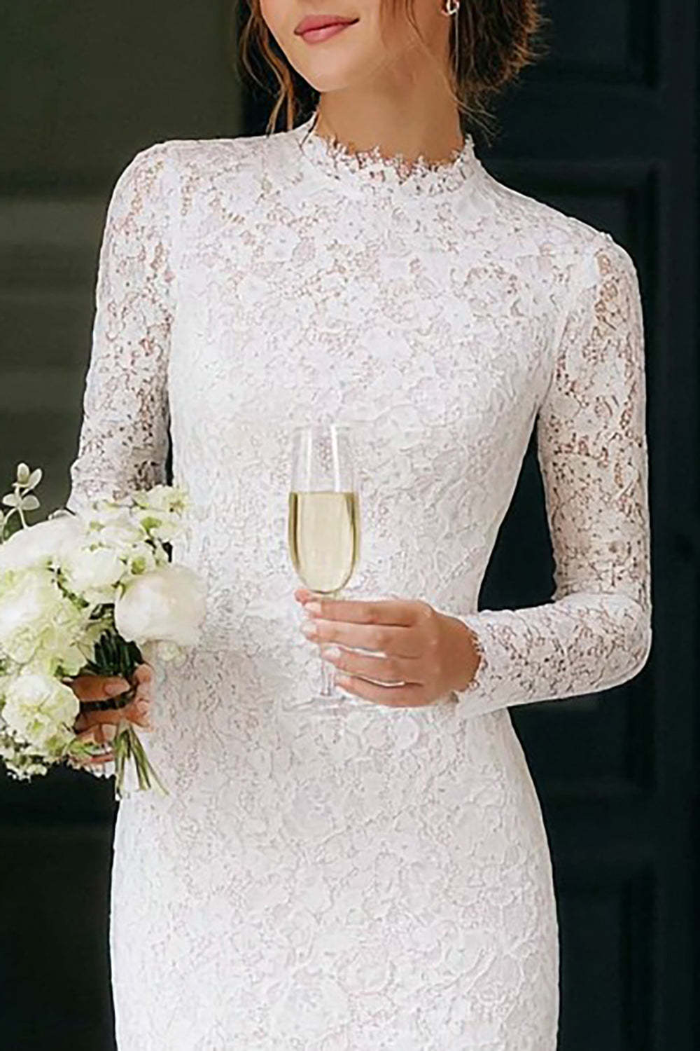 Vintage Ivory High Neck Lace Bodycon Short Boho Wedding Dress with Sleeves