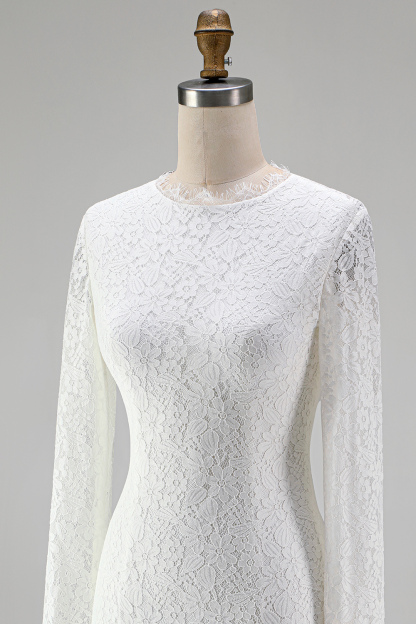 Vintage Ivory High Neck Lace Bodycon Short Boho Wedding Dress with Sleeves