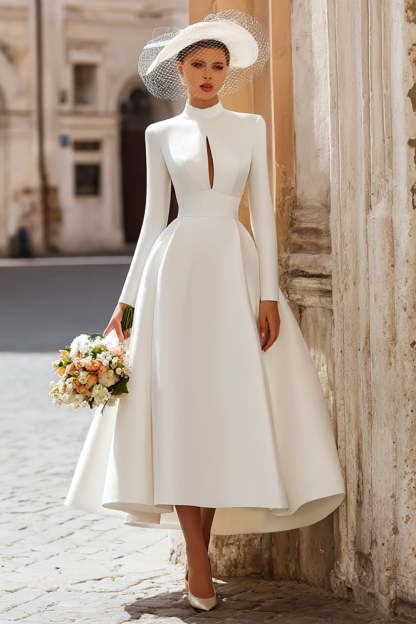 Leely Women Vintage Ivory Satin High Neck Long Wedding Dress with Sleeves A Line Keyhole Engagement Dress with Pockets
