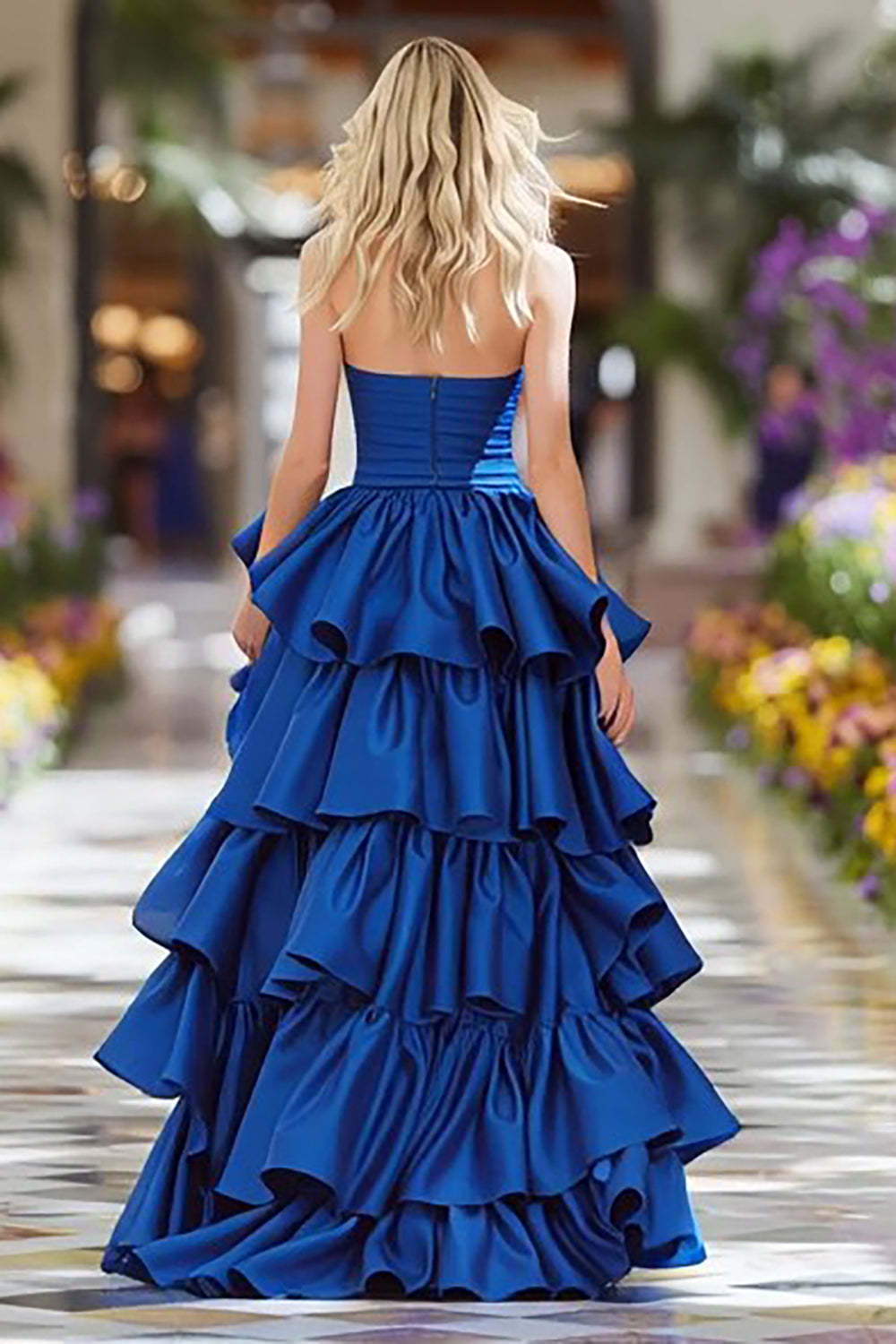 Dark Blue A-Line Ruffled Long Prom Dress with Slit