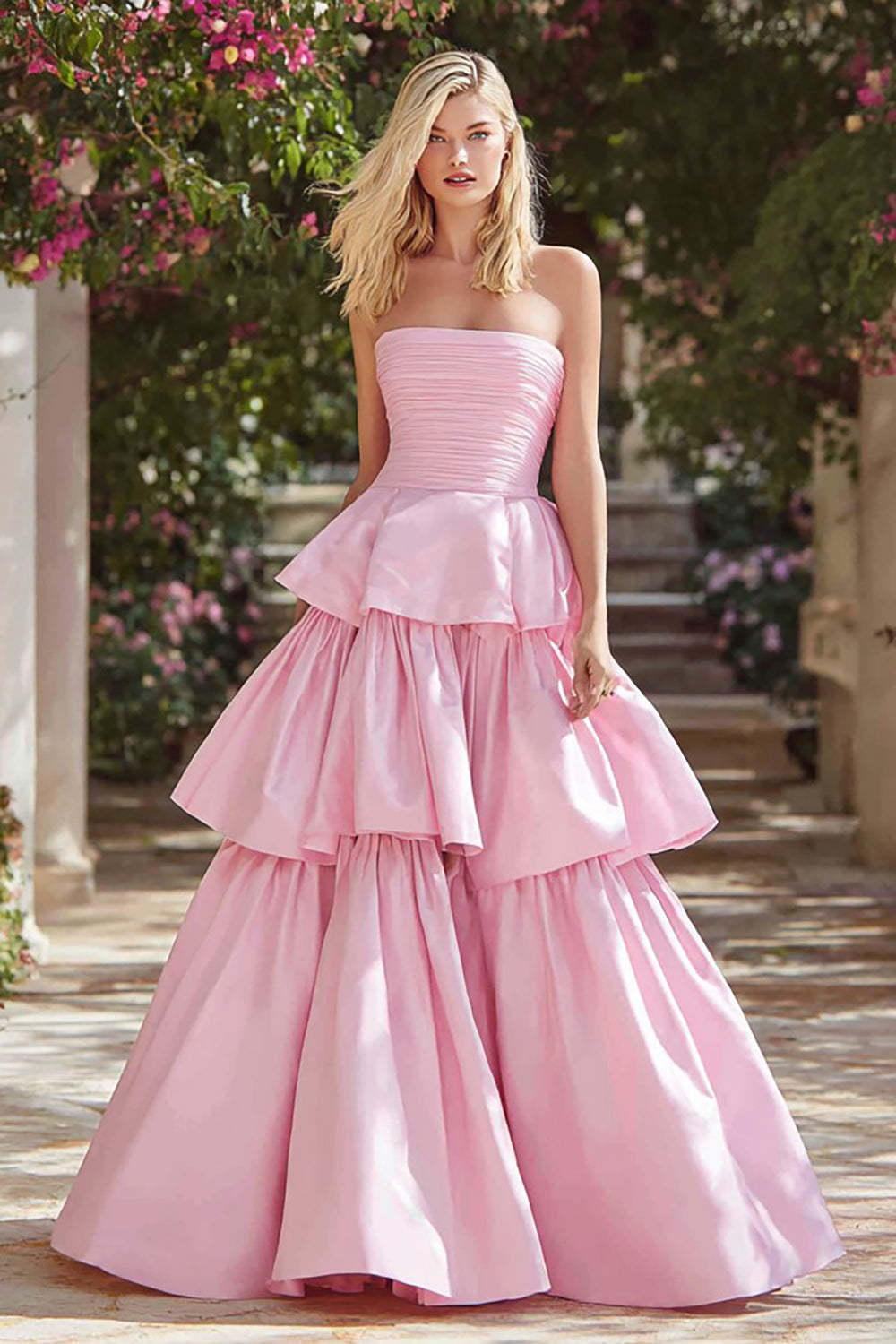 Leely Women Pink Tiered Long Prom Dress with Ruffles Strapless A-Line Pageant Dress
