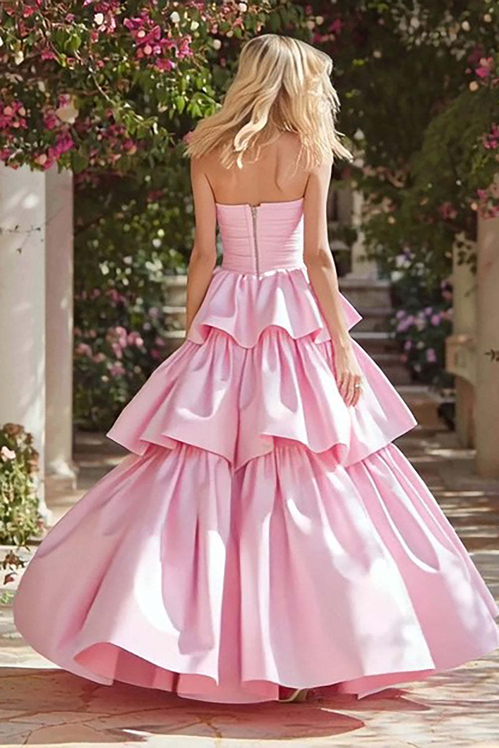 Pink Tiered Long Prom Dress with Ruffles