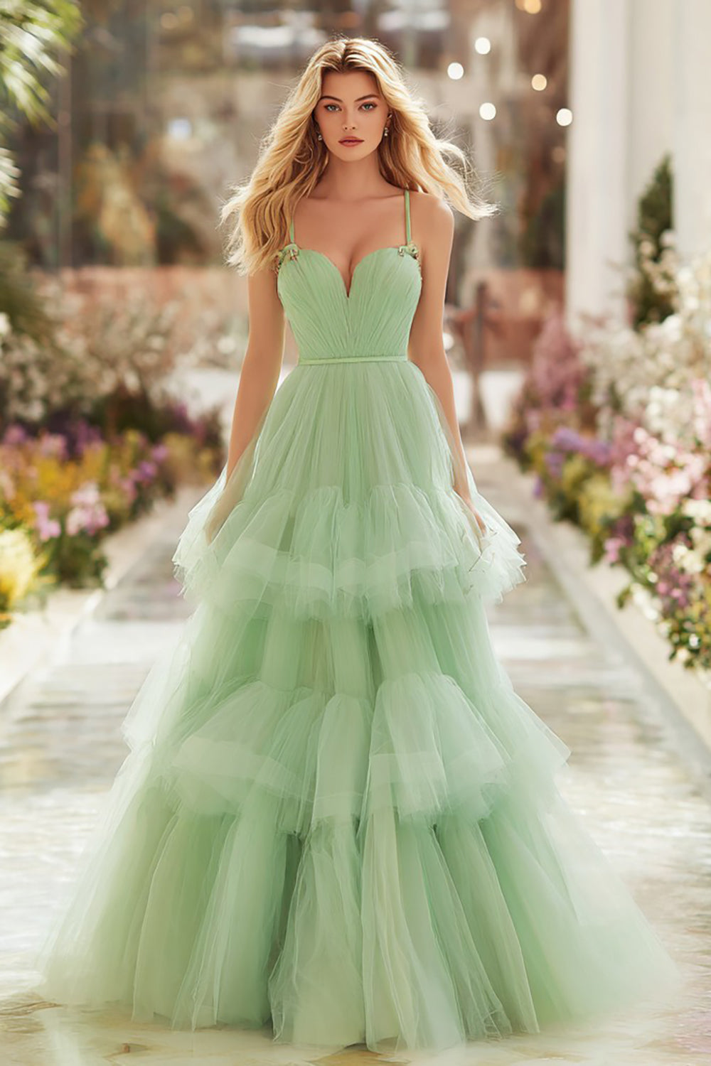 Leely Women Light Green Tiered Long Princess Prom Dress Spaghetti Straps Ruffled Pageant Dress