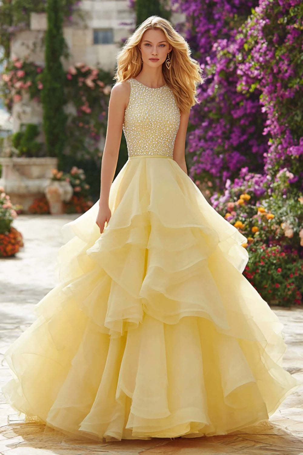 Leely Women Sparkly Light Yellow Ruffled Long Prom Dress with Beading Round Neck Princess Tiered Pageant Dress