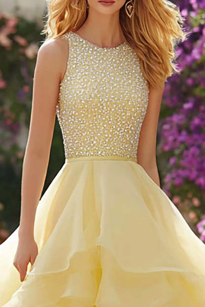 Sparkly Light Yellow Ruffled Long Prom Dress with Beading