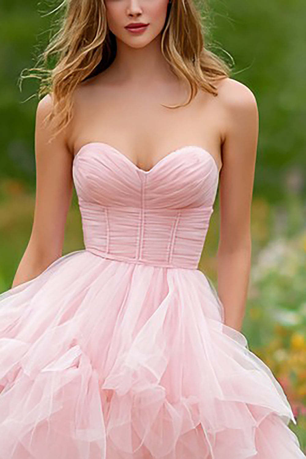 Light Pink Corset Tiered Tulle Long Prom Dress with Slit