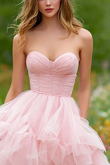 Light Pink Corset Tiered Tulle Long Prom Dress with Slit