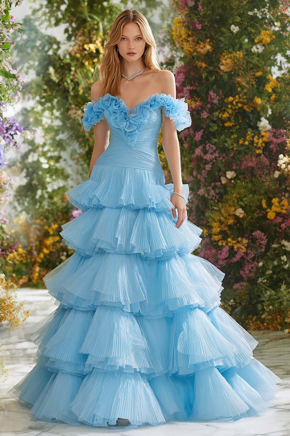 Leely Women Sky Blue Tiered Long Prom Dress with Pleats Off the Shoulder Princess Pageant Dress with Ruffles