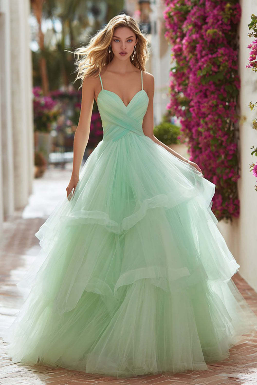 Leely Women Light Green Tiered Tulle Long Prom Dress with Ruffles Spaghetti Straps Princess Pageant Dress