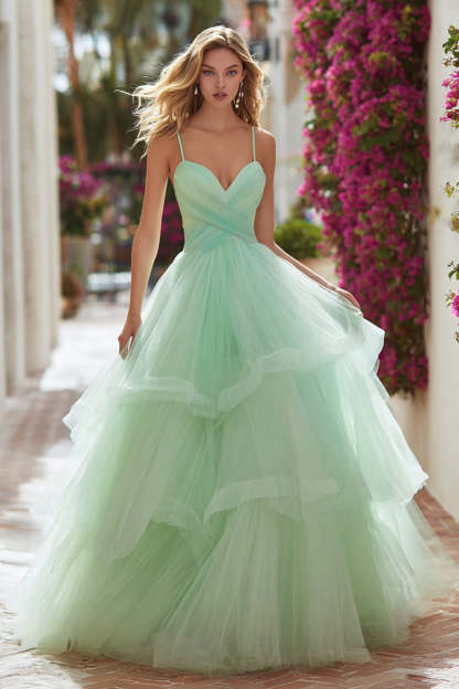 Leely Women Light Green Tiered Tulle Long Prom Dress with Ruffles Spaghetti Straps Princess Pageant Dress
