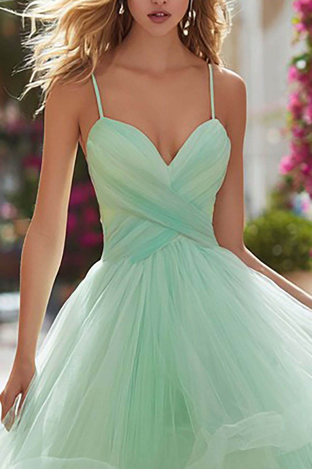 Light Green Tiered Tulle Long Prom Dress with Ruffles