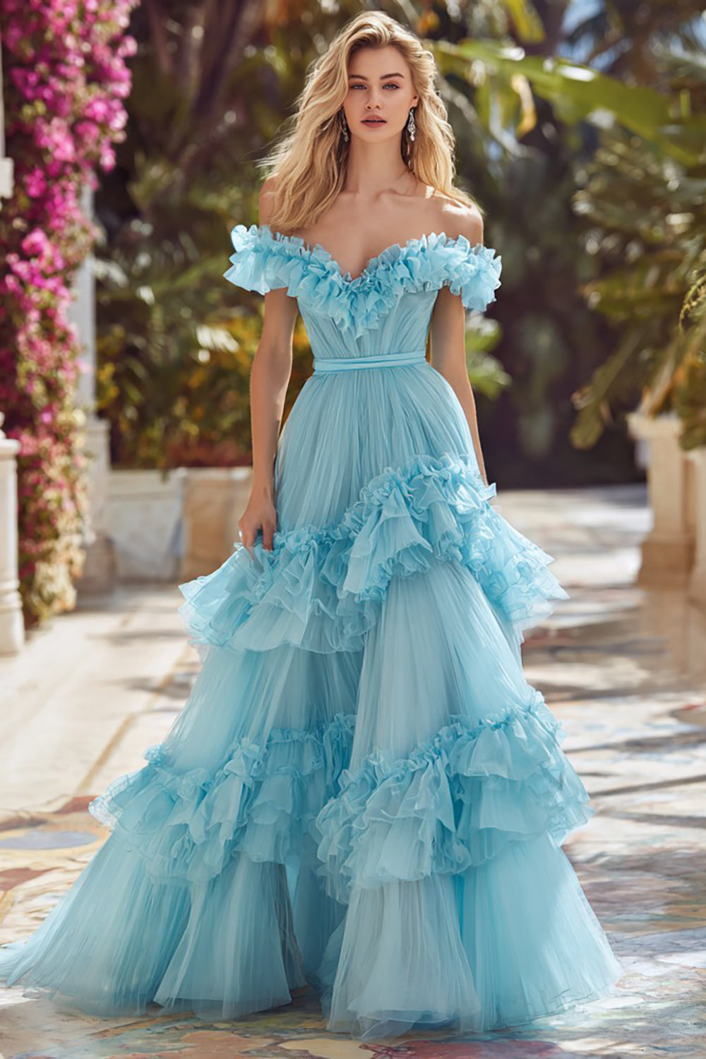Leely Women Sky Blue Tiered Long Prom Dress with Ruffles Princess Off the Shoulder Pageant Dress