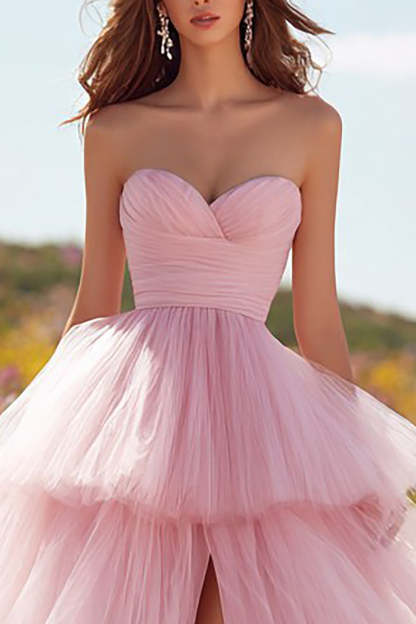 Pink Tiered Long Ruffled Prom Dress with Slit