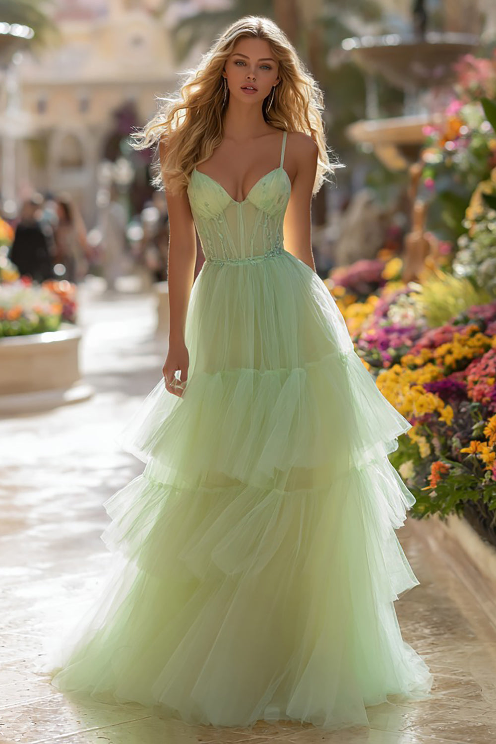 Leely Women Light Green Corset Tiered Tulle Long Prom Dress with Ruffles Spaghetti Straps Princess Pageant Dress