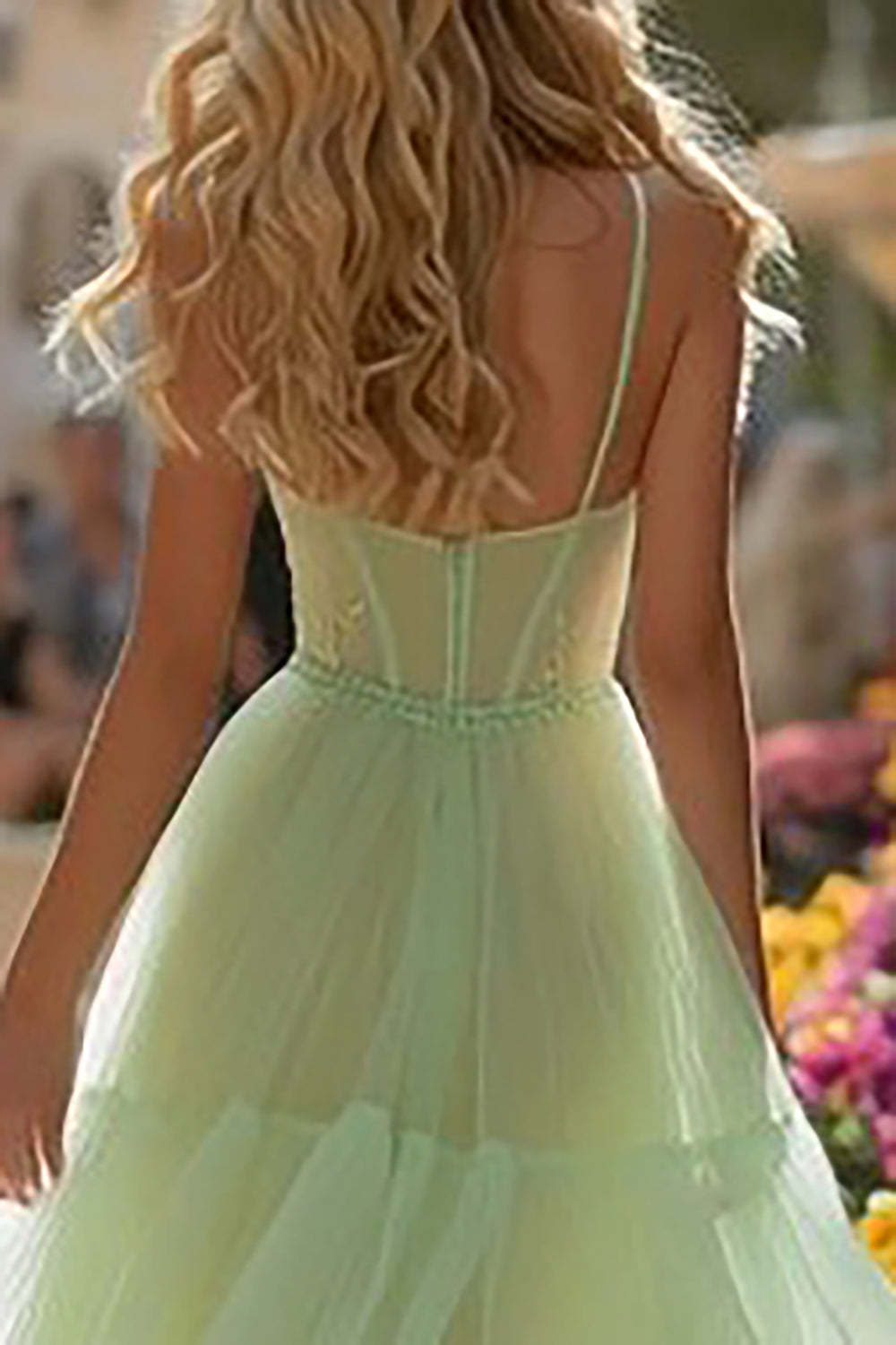 Light Green Corset Tiered Tulle Long Prom Dress with Ruffles