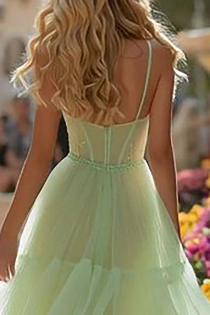 Light Green Corset Tiered Tulle Long Prom Dress with Ruffles