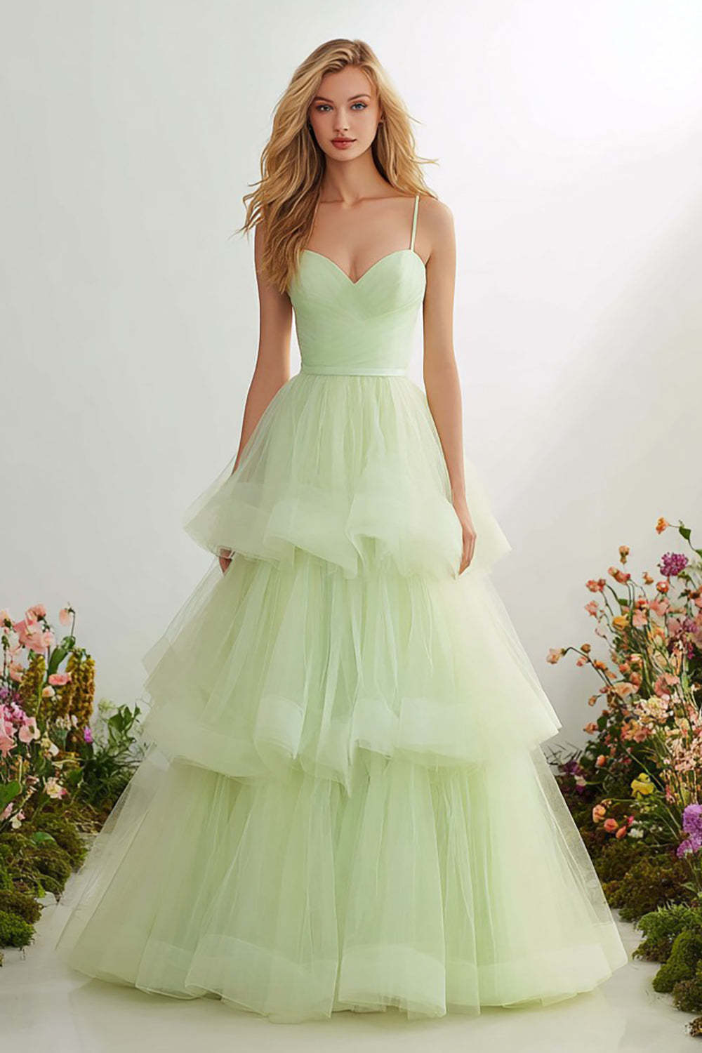 Leely Women Light Green Tiered Long Prom Dress with Ruffles Spaghetti Straps Princess Pageant Dress