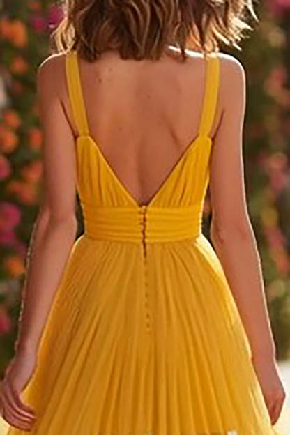 Yellow A-Line Long Pleated Prom Dress with Slit