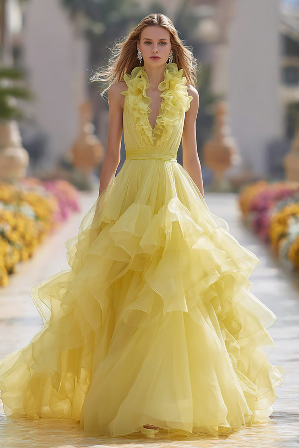 Leely Women Light Yellow Tiered Long Prom Dress with Ruffles Halter Neck Princess Pageant Dress