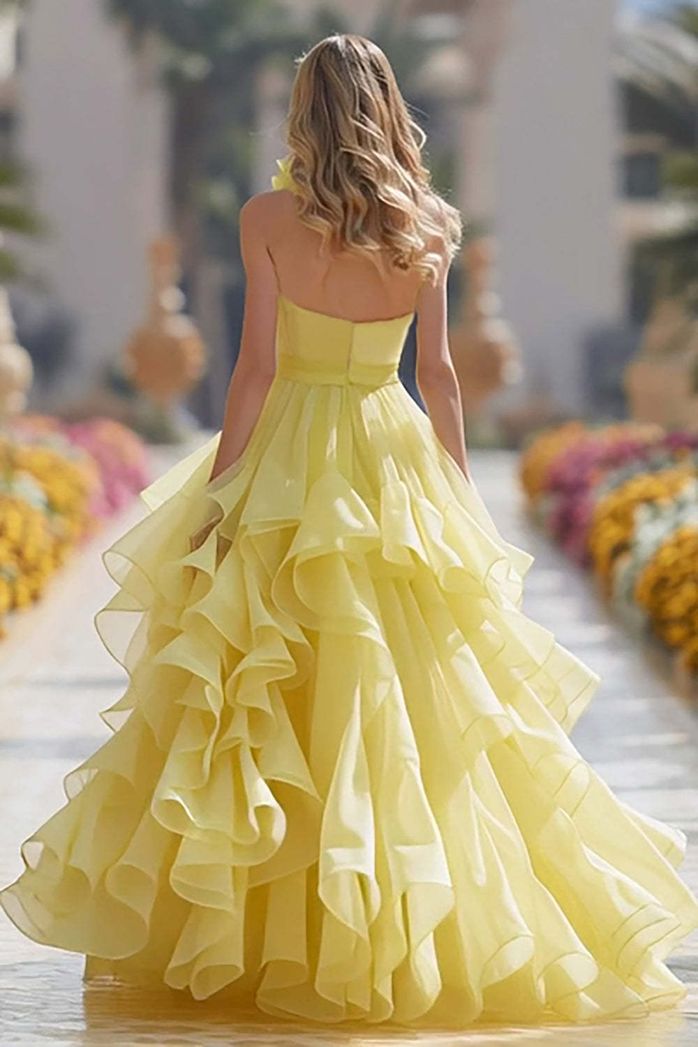 Light Yellow Tiered Long Prom Dress with Ruffles