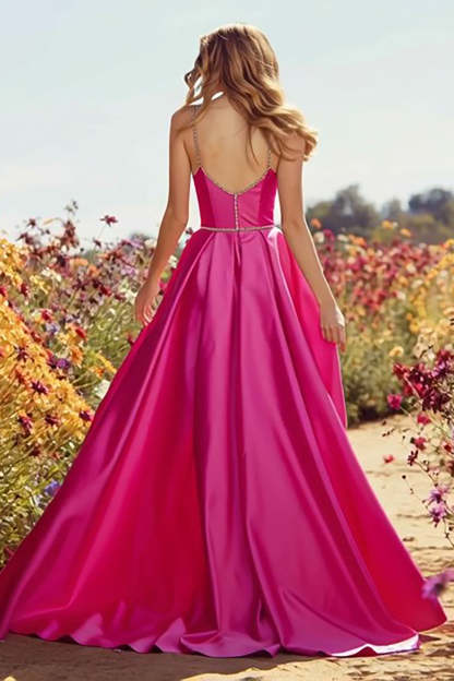 Sparkly Fuchsia A-Line Long Prom Dress with Slit