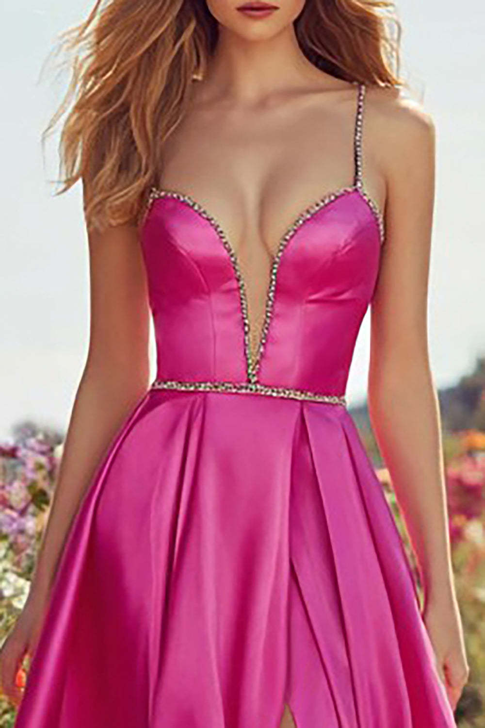 Sparkly Fuchsia A-Line Long Prom Dress with Slit