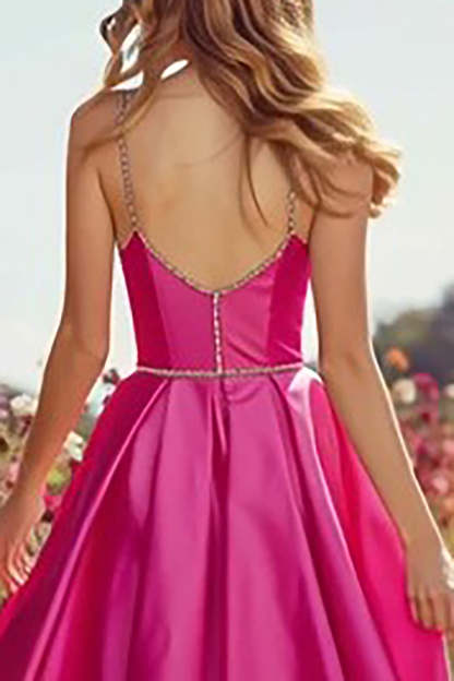 Sparkly Fuchsia A-Line Long Prom Dress with Slit