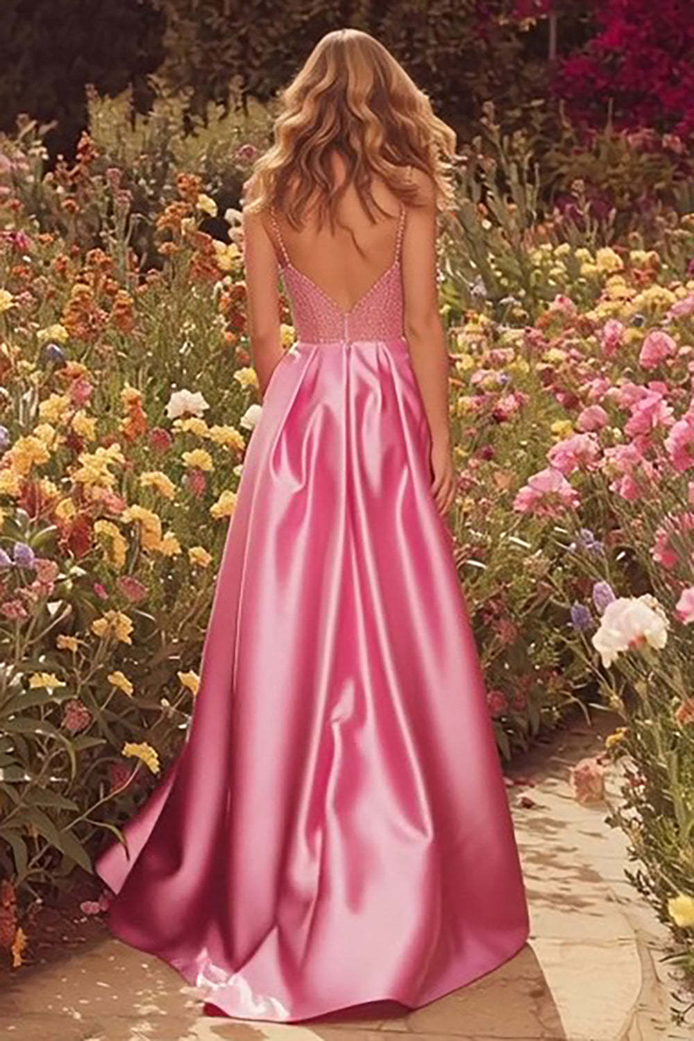 Sparkly Pink A-Line Long Beaded Prom Dress with Slit