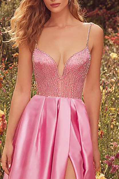 Sparkly Pink A-Line Long Beaded Prom Dress with Slit