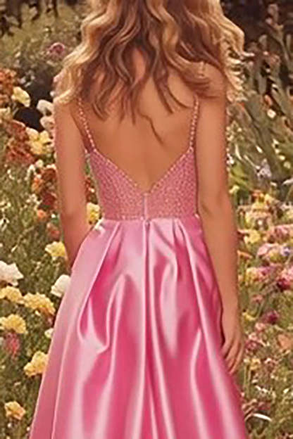 Sparkly Pink A-Line Long Beaded Prom Dress with Slit