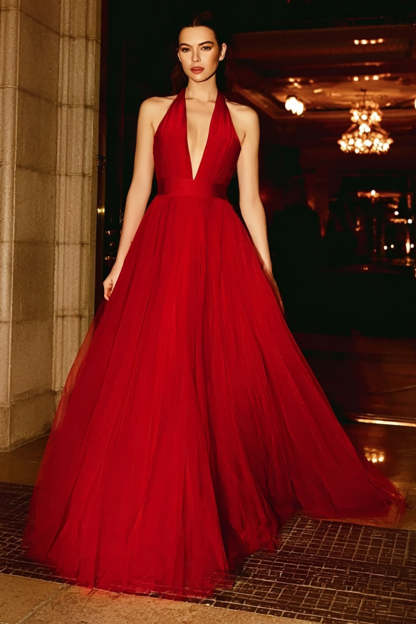 Leely Women Red Tulle Halter Neck Long Gala Dress A-Line Formal Dress