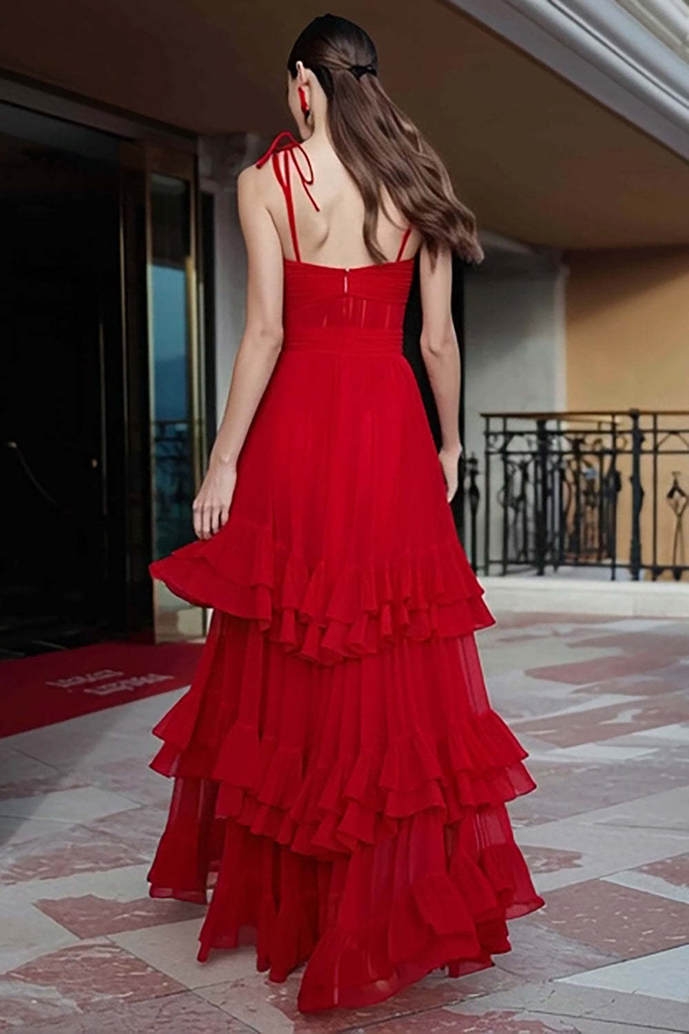 Red Tiered Maxi Gala Dress with Ruffles