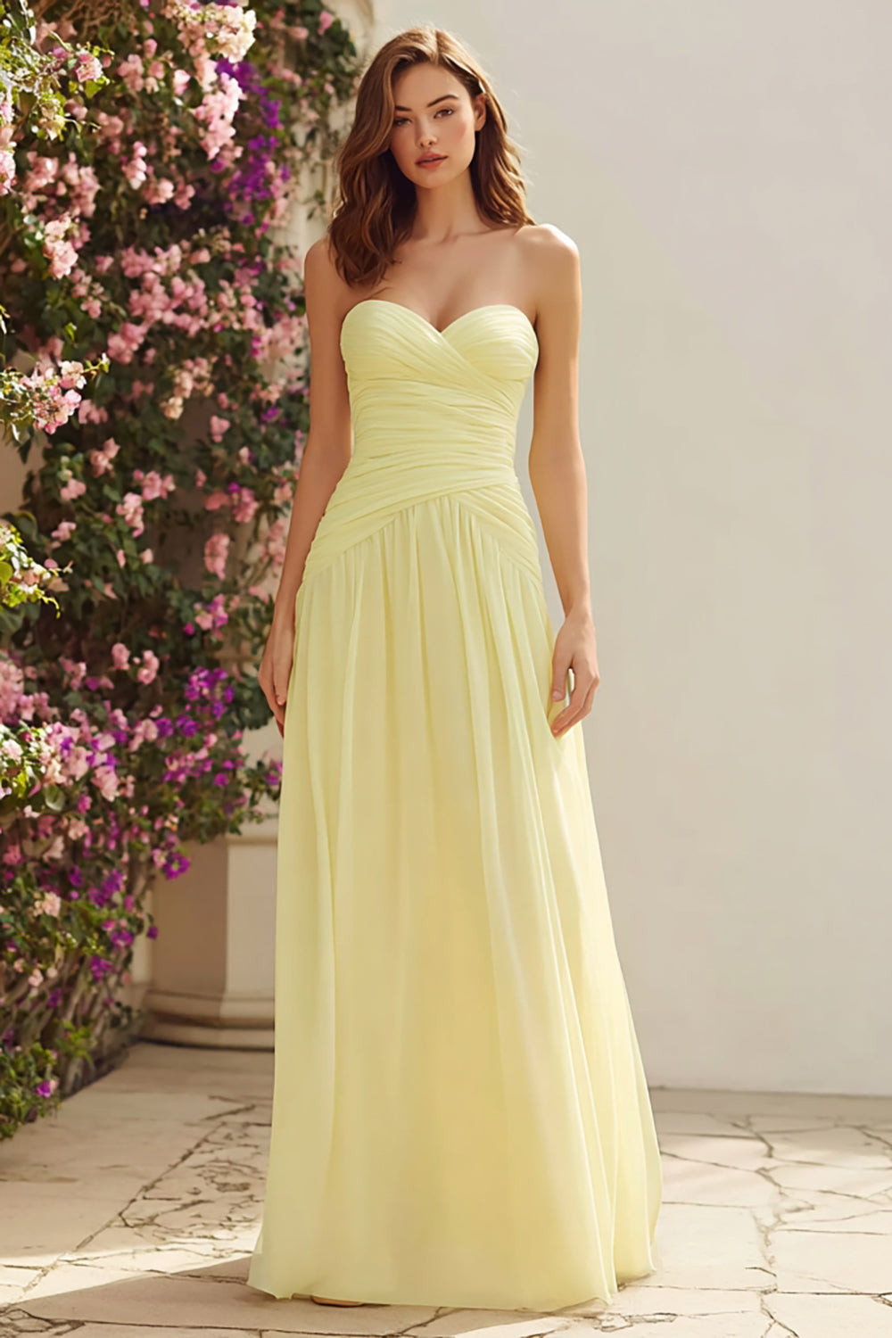 Leely Women Light Yellow Long Sweetheart Bridesmaid Dress Strapless Ruched A Line Wedding Guest Dress
